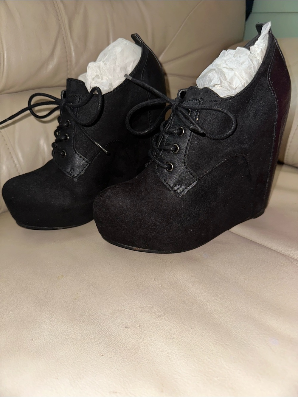 Penny Loves Kenny Mora Black Wedge Lace-Up Ankle Booties NIB